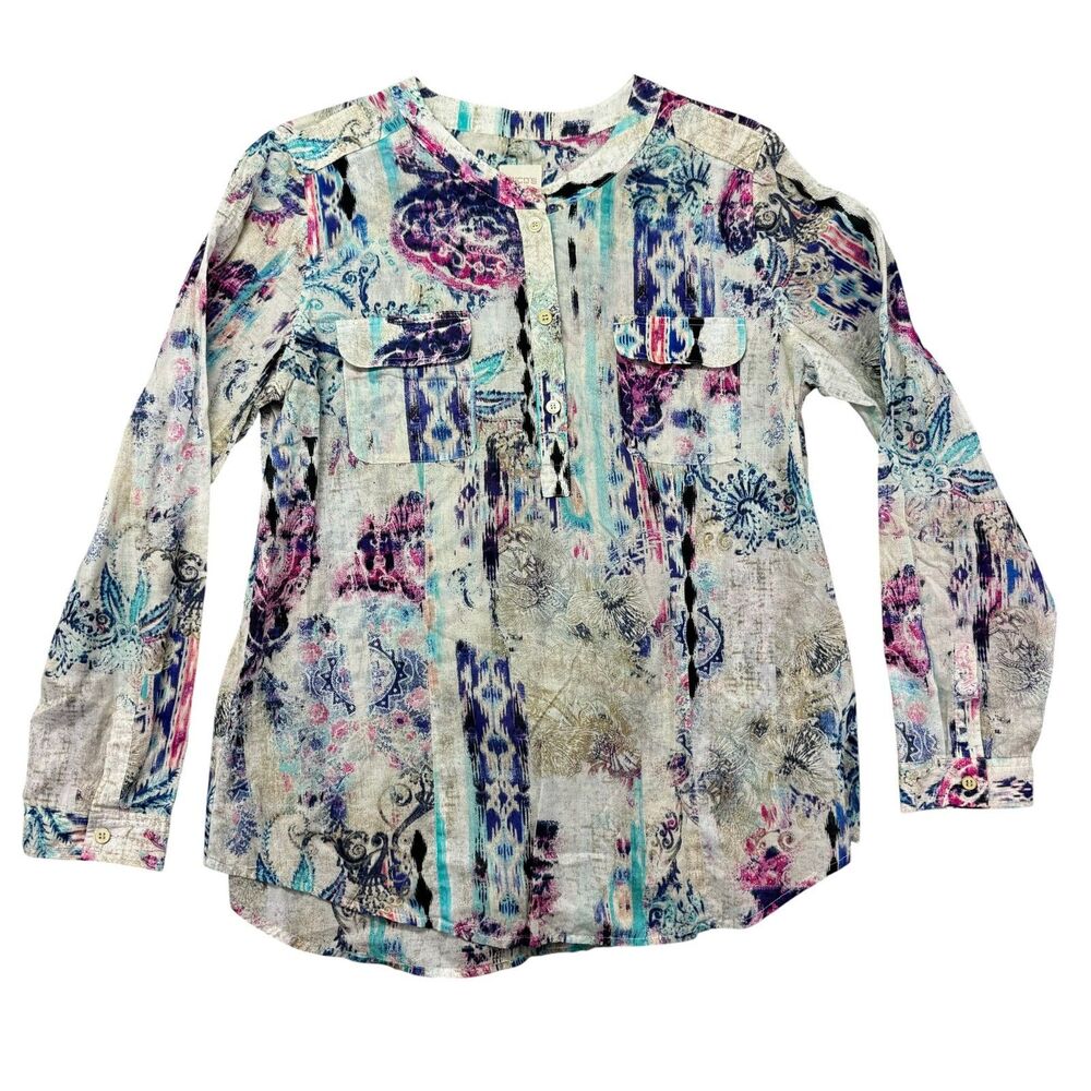 Chicos Blouse Womens 1 Medium Multi-Color Long Sleeve Paisley Aztec Button Front